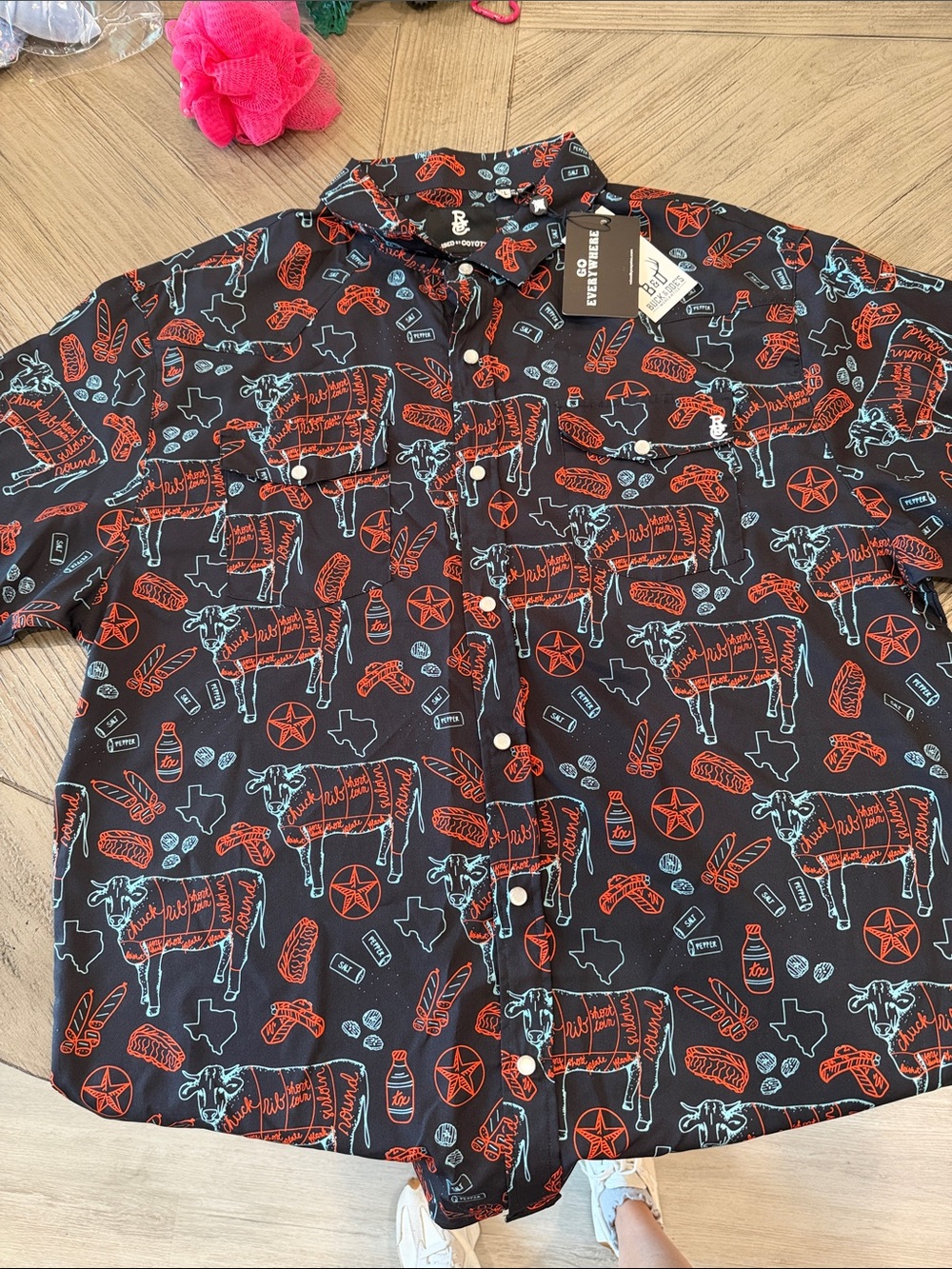 Men's Casual Black Short-Sleeve Button-Down Shirt with Cow Print